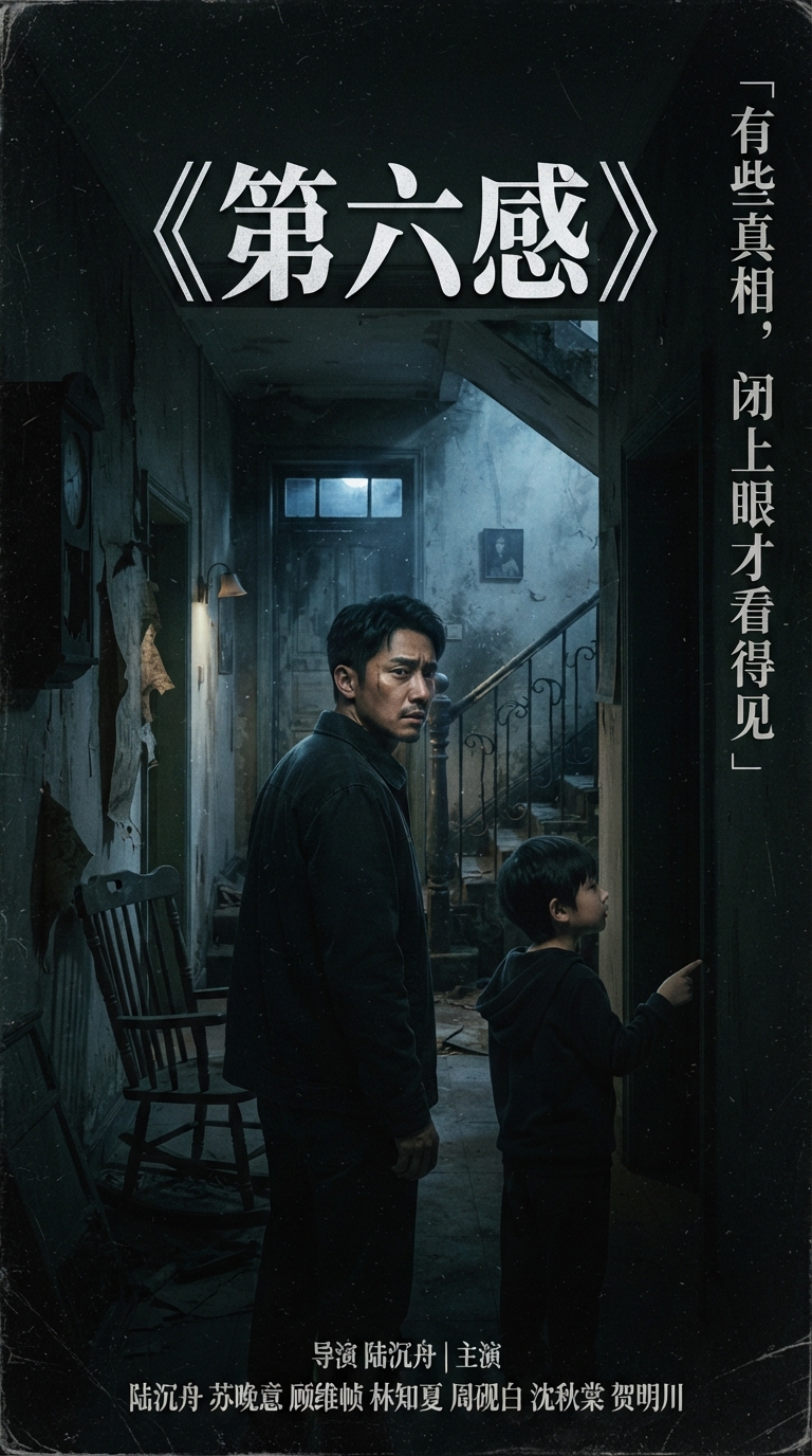 《第六感》海报——蜡笔画中的歪斜门廊与灰衣人轮廓