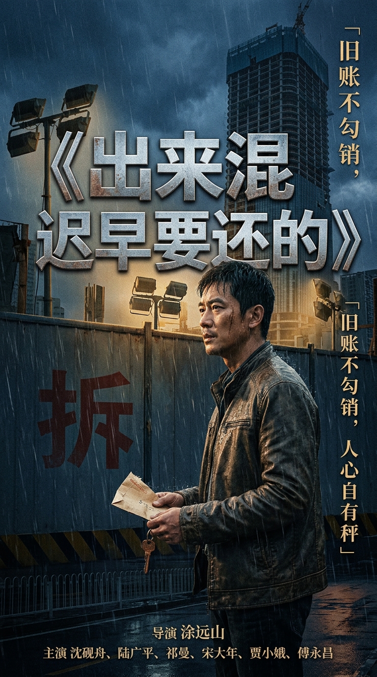 《出来混迟早要还的》主视觉：沈砚舟背影立于拆迁围墙前