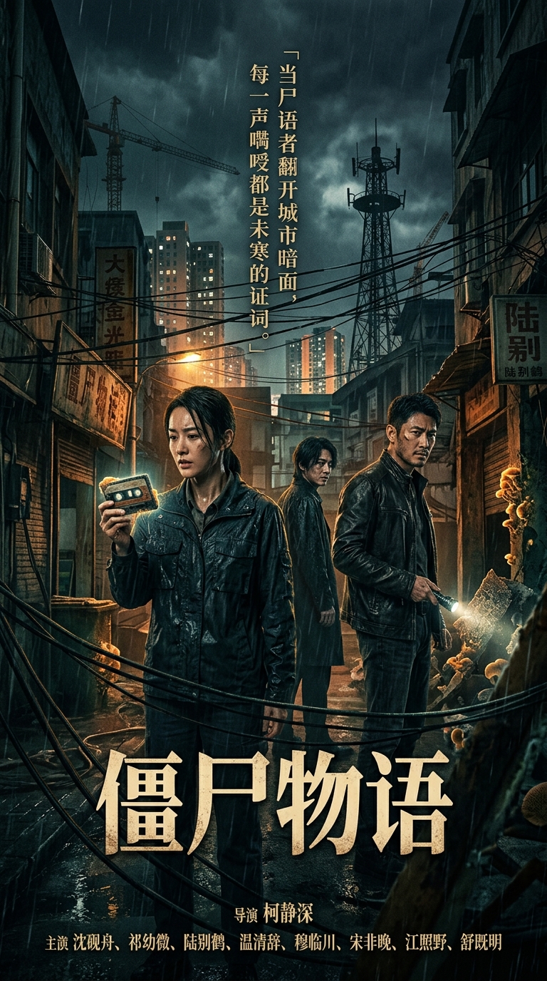 《僵尸物语》主视觉：暴雨中的信号塔剪影
