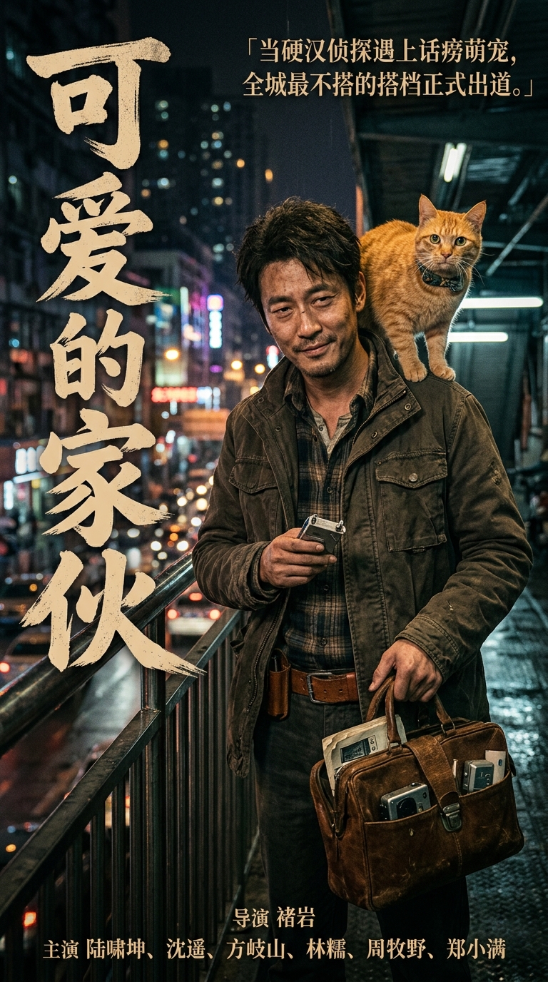 《可爱的家伙》主视觉海报：橘猫元宝蹲在文件堆上