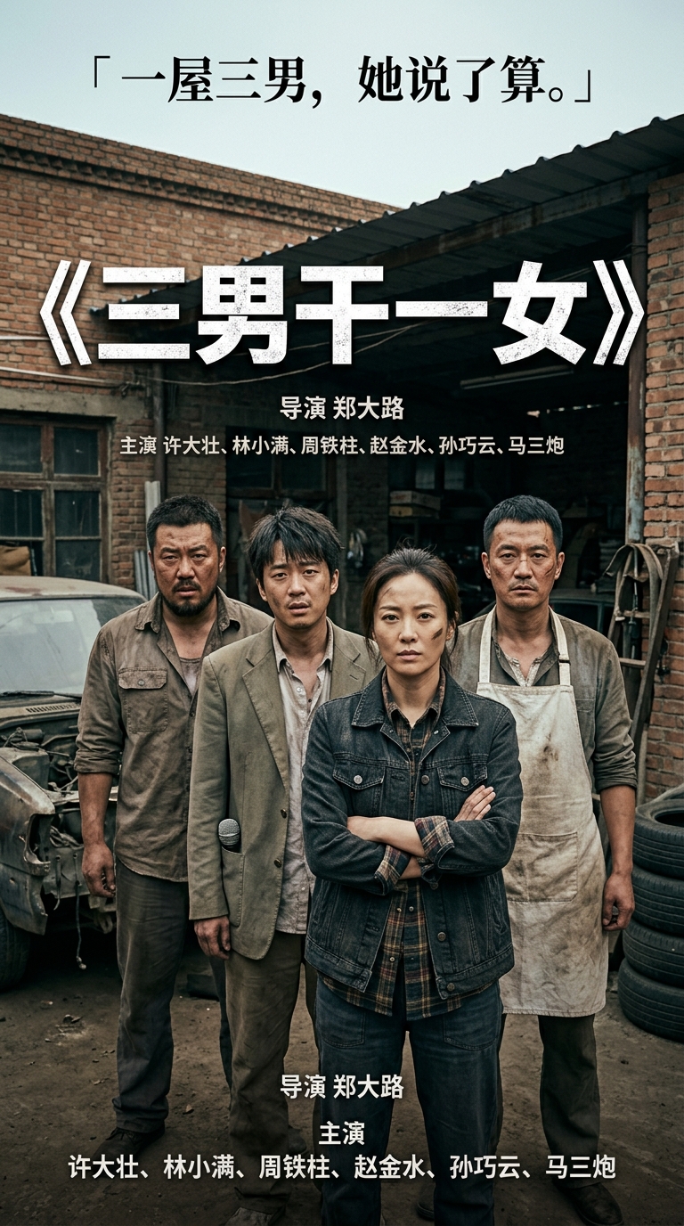 《三男干一女》海报：孙巧云手持扳手回望，身后阁楼窗户透出三个男人的剪影