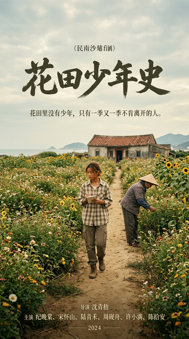 《花田少年史》剧照：阿婆背影在右侧花田，知夏蹲在左下角